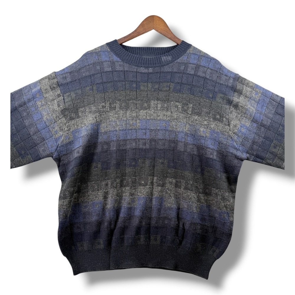 Cotton Traders Mens Wool Blend Grid Knit Sweater Blue Grey L Style 5800-620